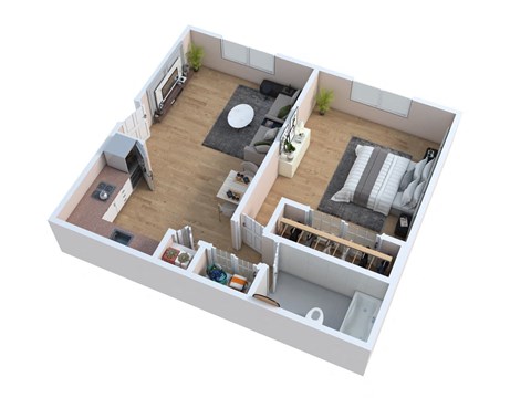 Floor plan for 1 bed, 1 bath, 680 sqft